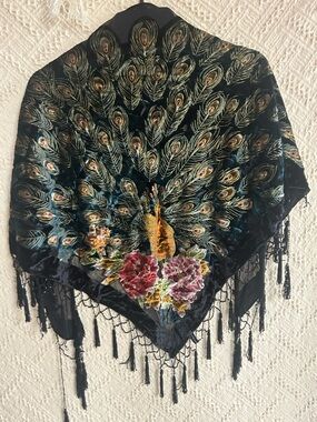 Peacock Embroidered Black Velvet Shawl with Fringe
